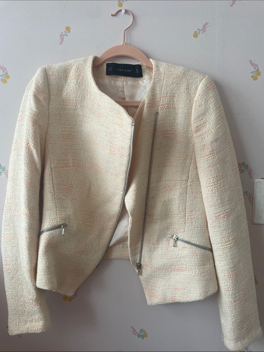 Zara Cream Tweed Zip Blazer with Subtle Peach Threads